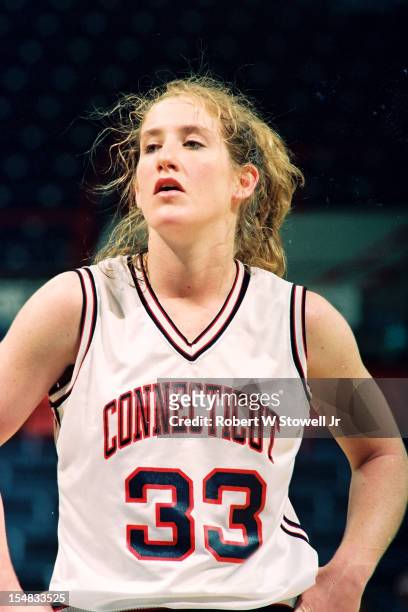 American basketball player Meghan Pattyson, of the University of Connecticut, takes a breather while shooting free throws at the foul line during a...
