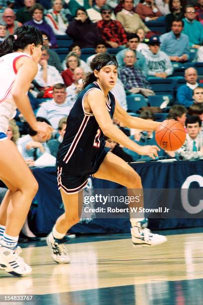 Israeli basketball player Orly Grossman, of the University of Connecticut, drives during a game, Storrs, Connecticut, 1990.