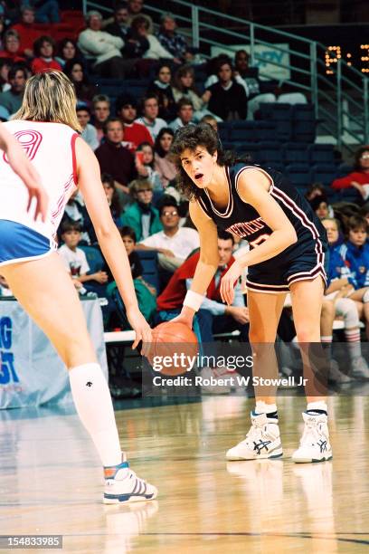 American basketball player Laura Lishness, of the University of Connecticut, handles the ball during a game against the Russian national team,...