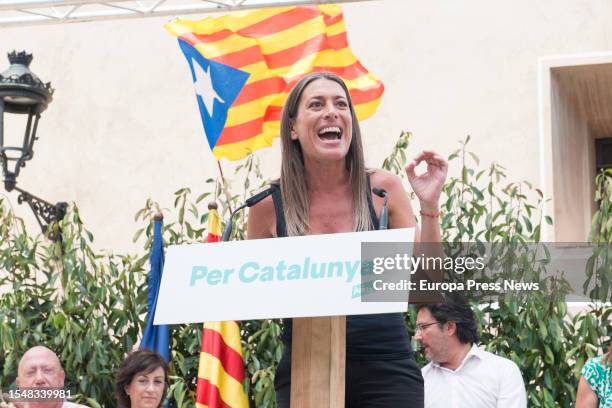 Junts candidate to the Congress for Barcelona, Miriam Nogueras, speaks in the central meeting of the JxCAT party, on 16 July, 2023 in Amer, Girona,...