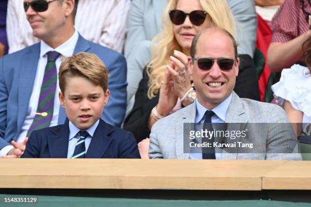 Prince George of Wales and Prince William, Prince of Wales watch Carlos Alcaraz vs Novak Djokovic in the Wimbledon 2023 men's final on Centre Court...