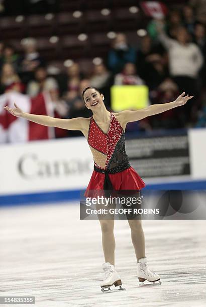 Kaetlyn Osmond of Canada acknowledges the crowd after skating her free program in the ladies competition at the 2012 Skate Canada International ISU...