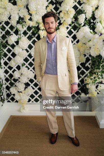 Andrew Garfield wearing Ralph Lauren, attends the Ralph Lauren Suite during The Championships, Wimbledon at All England Lawn Tennis and Croquet Club...