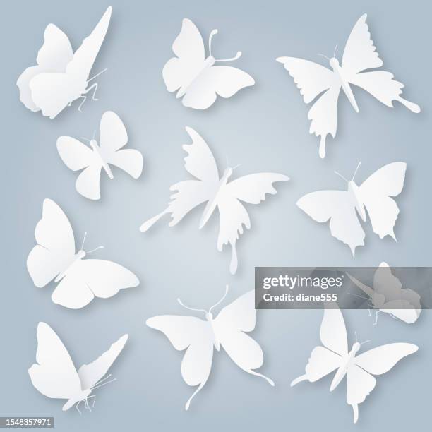 stockillustraties, clipart, cartoons en iconen met cut paper butterflies with drop shadows - butterfly white background