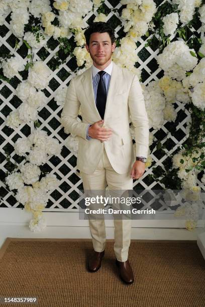 Nick Jonas wearing Ralph Lauren, attends the Ralph Lauren Suite during The Championships, Wimbledon at All England Lawn Tennis and Croquet Club on...