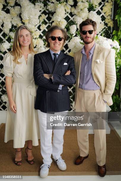 Lauren Bush Lauren, David Lauren and Andrew Garfield wearing Ralph Lauren, attends the Ralph Lauren Suite during The Championships, Wimbledon at All...