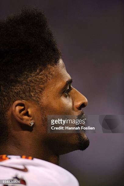 Tiquan Underwood of the Tampa Bay Buccaneers looks on during the game against the Minnesota Vikings on October 25, 2012 at Mall of America Field at...