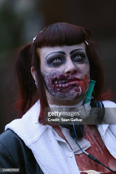 Zombie enthiusiasts gather before setting out on a "Zombie Walk" in the city center on October 27, 2012 in Berlin, Germany. Approximately 150...