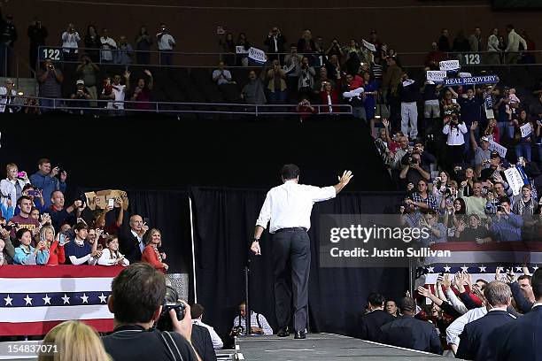 Republican presidential candidate, former Massachusetts Gov. Mitt Romney greets supporters during a campaign rally on October 27, 2012 in Pensacola,...