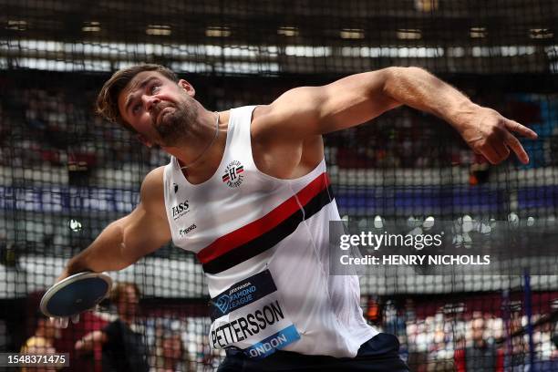 Sweden's Simon Pettersson competes in the men's discus throw event during the IAAF Diamond League athletics meeting at the London Stadium in the...