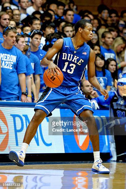 Rodney Hood of the Duke Blue Devils dribbles during Countdown to Craziness at Cameron Indoor Stadium on October 19, 2012 in Durham, North Carolina.