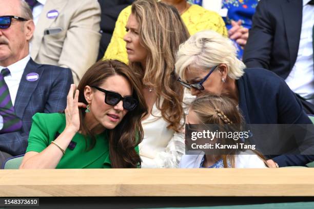 Stan Smith, Catherine, Princess of Wales, Annabel Croft, Princess Charlotte of Wales and Chris Evert watch Carlos Alcaraz vs Novak Djokovic in the...