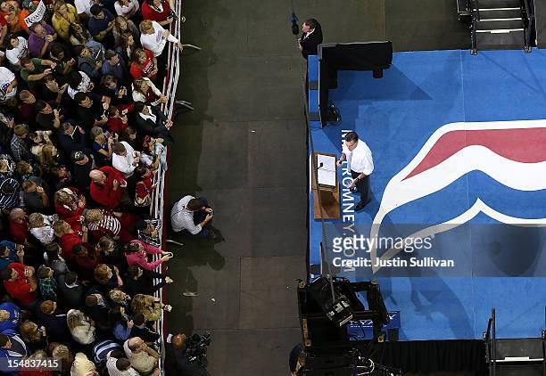 Republican presidential candidate, former Massachusetts Gov. Mitt Romney speaks during a campaign rally on October 27, 2012 in Pensacola, Florida....