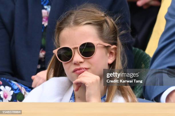 Princess Charlotte of Wales watches Carlos Alcaraz vs Novak Djokovic in the Wimbledon 2023 men's final on Centre Court during day fourteen of the...