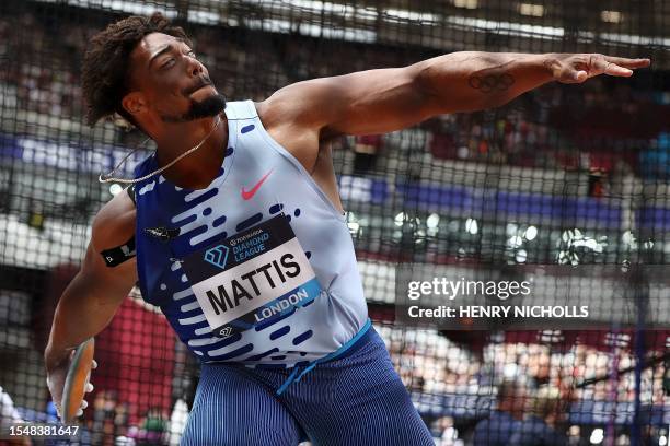 S Sam Mattis competes in the men's discus throw event during the IAAF Diamond League athletics meeting at the London Stadium in the Stratford...