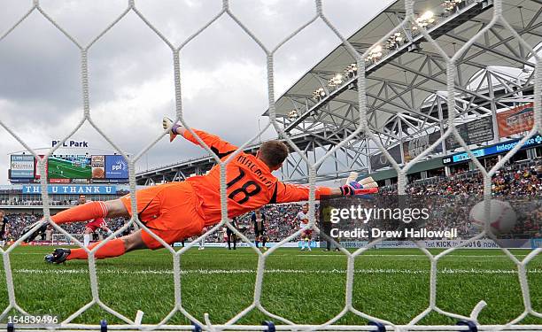 Goalkeeper Zac MacMath of the Philadelphia Union can't make a save on penalty kick in the first half against the New York Red Bulls at PPL Park on...