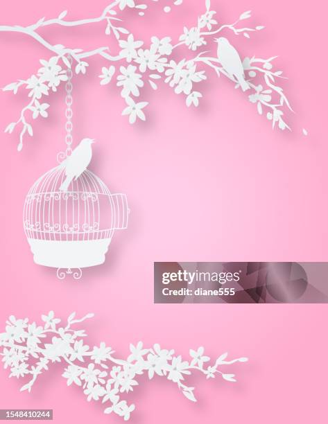 cut paper birds and cherry blossom invitation template - cherry blossom template stock illustrations
