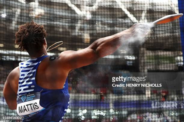 S Sam Mattis competes in the men's discus throw event during the IAAF Diamond League athletics meeting at the London Stadium in the Stratford...