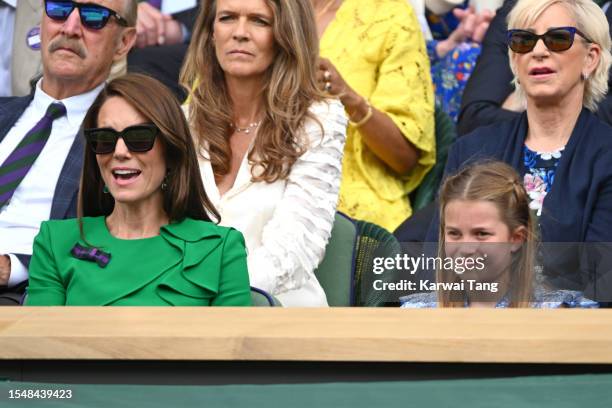 Stan Smith, Catherine, Princess of Wales, Annabel Croft, Princess Charlotte of Wales and Chris Evert clap while watching Carlos Alcaraz vs Novak...