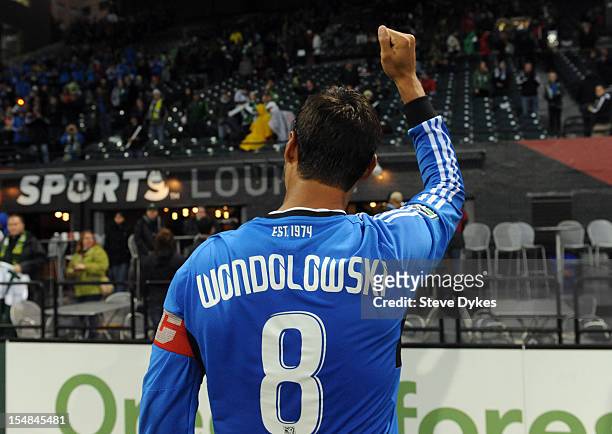 Chris Wondolowski of San Jose Earthquakes signals to fans in the stands after the game against the Portland Timbers at Jeld-Wen Field on October 27,...