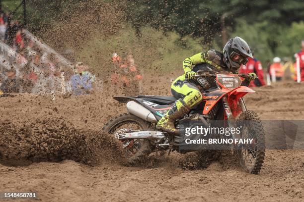 Spanish rider Oriol Oliver competes in the motocross MX2 Grand Prix Flanders, race 13/19 at the FIM Motocross World Championship, in Lommel, on July...