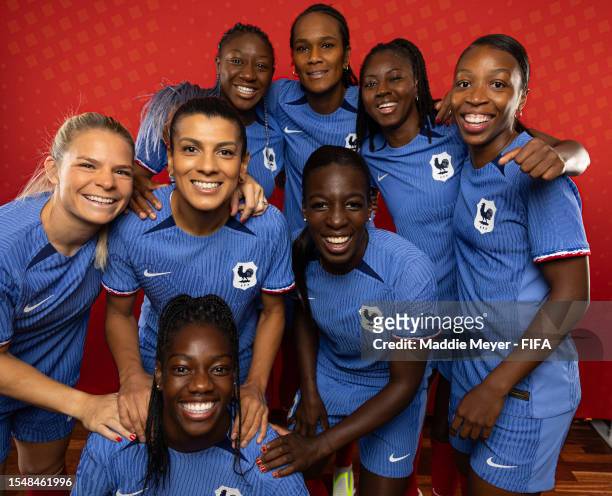 Eugenie Le Sommer, Kenza Dali, Naomie Feller, Viviane Asseyi, Kadidiatou Diani, Wendie Renard, Aissatou Tounkara and Grace Geyoro of France pose for...