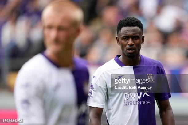 Amadou Diawara of RSC Anderlecht looks on during the Pre-season friendly match between RSC Anderlecht and Ajax at Lotto Park on July 22, 2023 in...