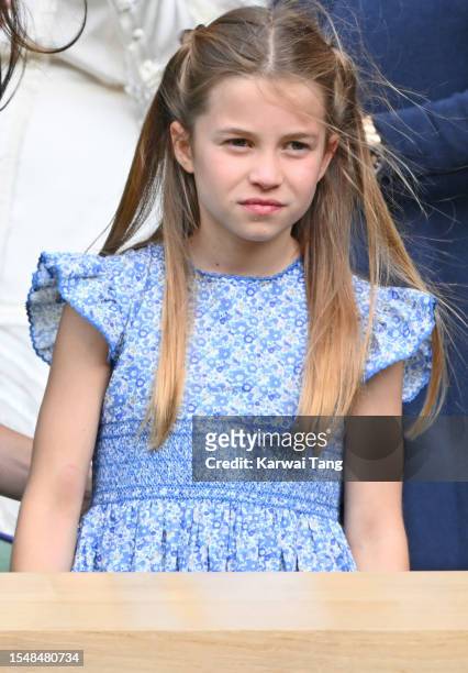 Princess Charlotte of Wales watches Carlos Alcaraz vs Novak Djokovic in the Wimbledon 2023 men's final on Centre Court during day fourteen of the...
