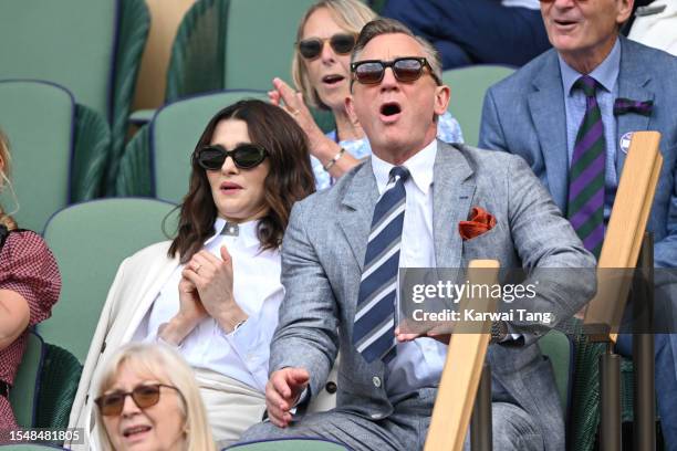 Rachel Weisz and Daniel Craig watch Carlos Alcaraz vs Novak Djokovic in the Wimbledon 2023 men's final on Centre Court during day fourteen of the...