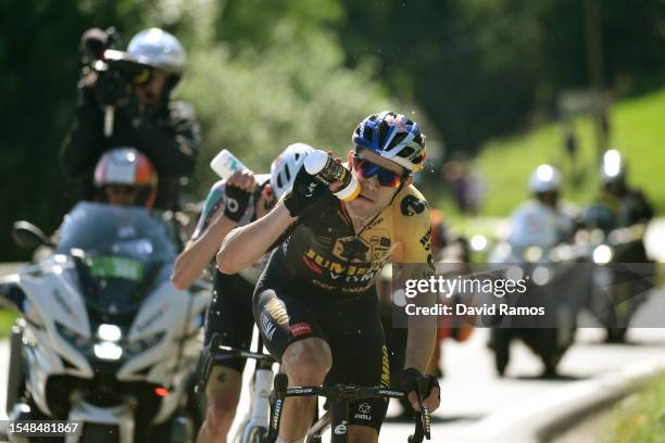 Wout Van Aert of Belgium and Team Jumbo-Visma refreshes himself competing in the breakaway during the stage fifteen of the 110th Tour de France 2023...