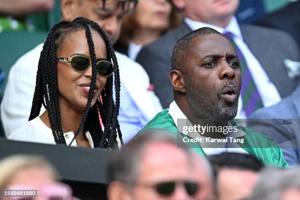 Sabrina Dhowre Elba and Idris Elba watch Carlos Alcaraz vs Novak Djokovic in the Wimbledon 2023 men's final on Centre Court during day fourteen of...