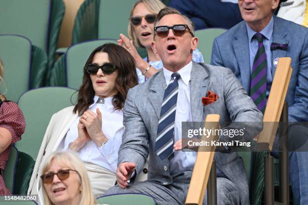 Rachel Weisz and Daniel Craig watch Carlos Alcaraz vs Novak Djokovic in the Wimbledon 2023 men's final on Centre Court during day fourteen of the...