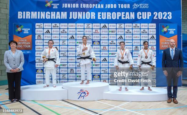 Under u48kg medallists L-R: Silver; Eva Perez Soler , Gold; Pauline Cuq , Bronzes; Morgane Annis and Maira Medema during the 2023 Birmingham Junior...
