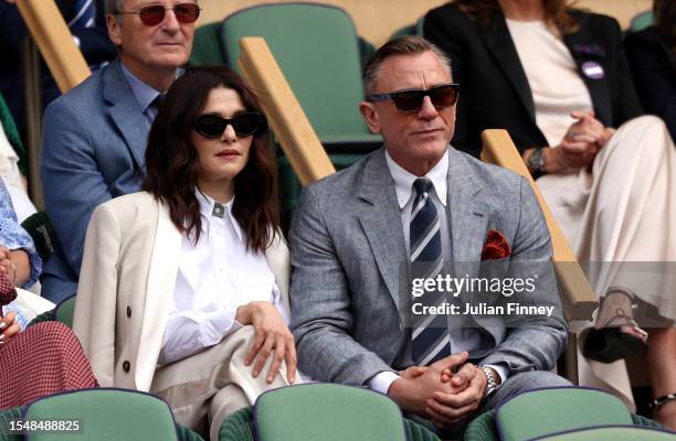 Actors, Daniel Craig and Rachel Weisz are seen in the Royal Box during the Men's Singles Final between Novak Djokovic of Serbia and Carlos Alcaraz of...