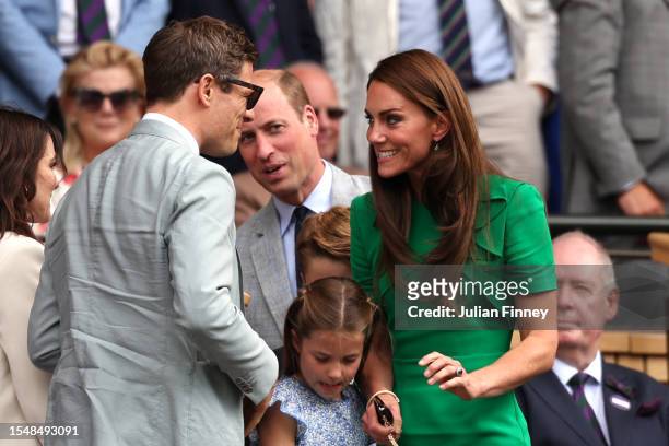 Catherine, Princess of Wales and Actor, James Norton are seen in the Royal Box during the Men's Singles Final between Novak Djokovic of Serbia and...