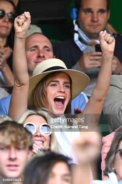 Emma Watson watches Carlos Alcaraz vs Novak Djokovic in the Wimbledon 2023 men's final on Centre Court during day fourteen of the Wimbledon Tennis...