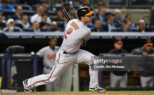 Hardy of the Baltimore Orioles in action against the New York Yankees during Game Four of the American League Division Series at Yankee Stadium on...