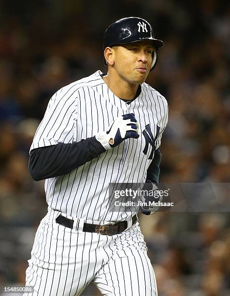 Alex Rodriguez of the New York Yankees in action against the Baltimore Orioles during Game Four of the American League Division Series at Yankee...