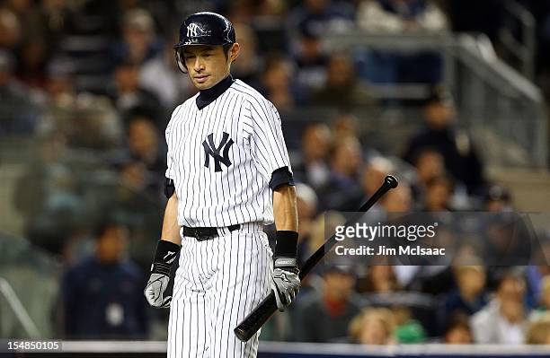 Ichiro Suzuki of the New York Yankees in action against the Baltimore Orioles during Game Four of the American League Division Series at Yankee...