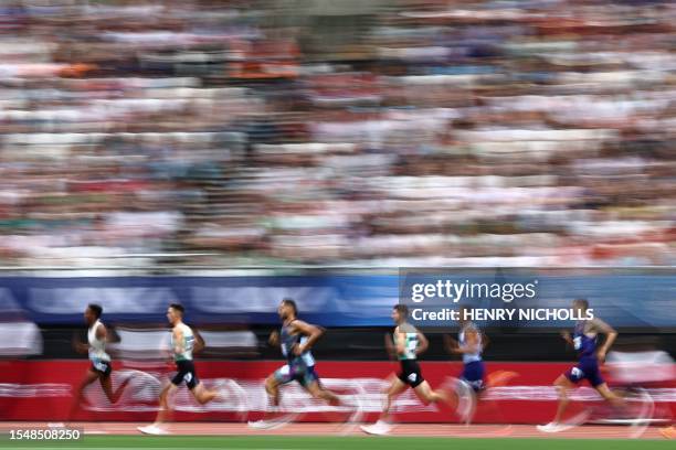 Athletes compete in the men's 1500m event during the IAAF Diamond League athletics meeting at the London Stadium in the Stratford district of east...