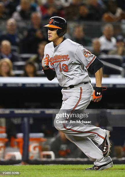 Manny Machado of the Baltimore Orioles in action against the New York Yankees during Game Four of the American League Division Series at Yankee...