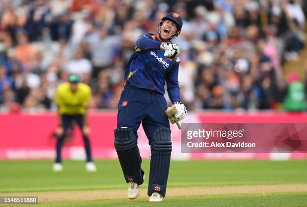 Simon Harmer of Essex celebrates hitting the winning runs during the Vitality Blast Semi-Final match between Essex Eagles and Hampshire Hawks at...