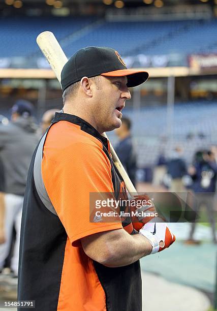 Jim Thome of the Baltimore Orioles looks on against the New York Yankees before Game Four of the American League Division Series at Yankee Stadium on...