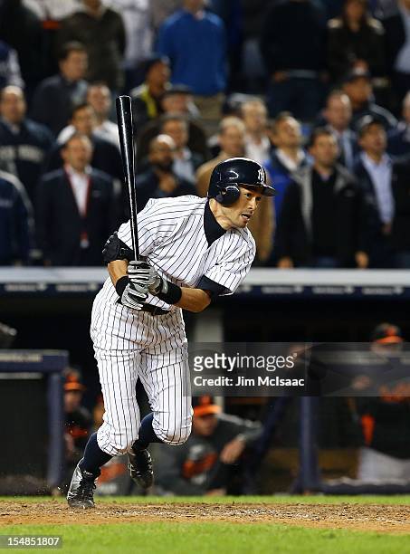 Ichiro Suzuki of the New York Yankees in action against the Baltimore Orioles during Game Four of the American League Division Series at Yankee...