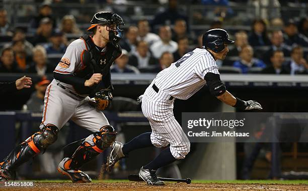 Ichiro Suzuki of the New York Yankees in action against the Baltimore Orioles during Game Four of the American League Division Series at Yankee...