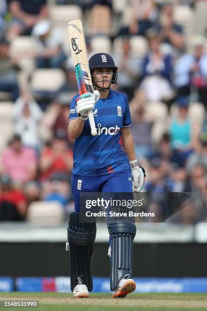 Natalie Sciver-Brunt of England acknowledges the crowd after reaching her half century during the Women's Ashes 2nd We Got Game ODI match between...