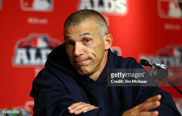 Manager Joe Girardi of the New York Yankees speaks at press conference before Game Four of the American League Division Series against the Baltimore...