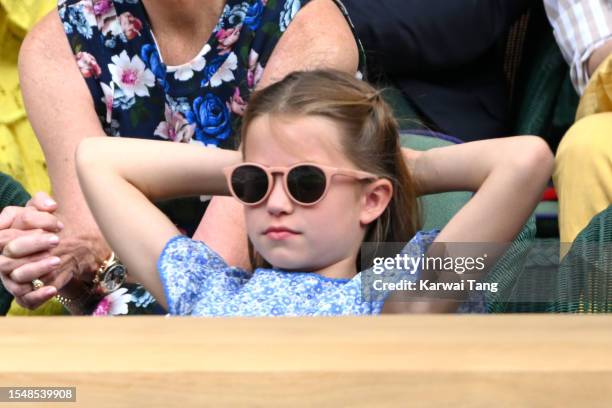 Princess Charlotte of Wales watches Carlos Alcaraz vs Novak Djokovic in the Wimbledon 2023 men's final on Centre Court during day fourteen of the...