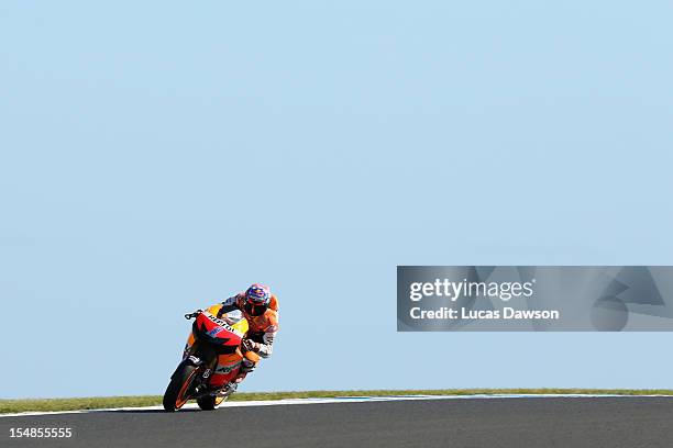 Casey Stoner of Australia riding the Repsol Honda Team Honda rides during the Australian MotoGP, which is round 17 of the MotoGP World Championship...