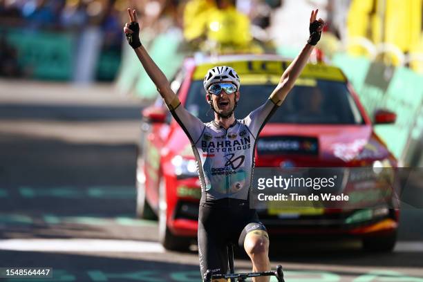 Wout Poels of The Netherlands and Team Bahrain Victorious celebrates at finish line as stage winner during the stage fifteen of the 110th Tour de...